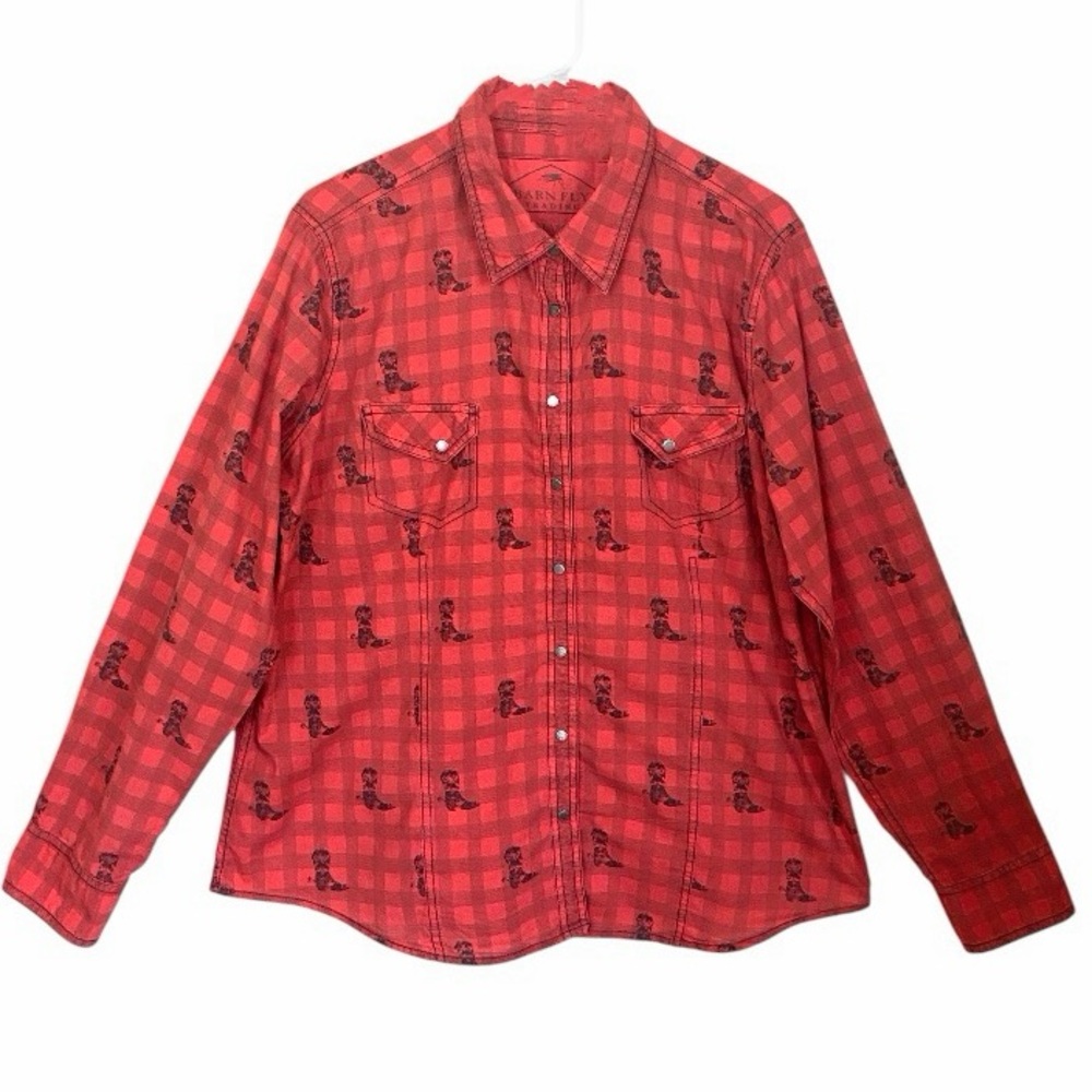 Barn Fly Trading Red Western Snap Shirt – Cowboy Boot Print (XL)